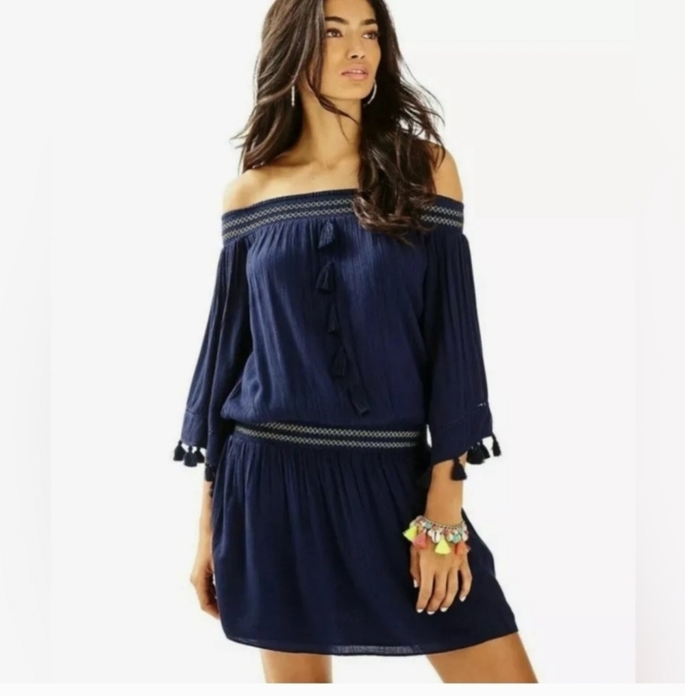 Lilly Pulitizer Joelle Navy Blue off the shoulder Minidress with XXS